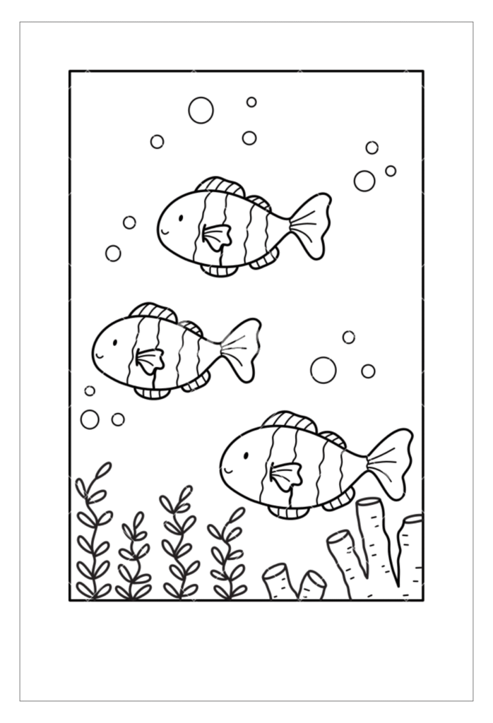 Fish tank coloring page with plants and fish