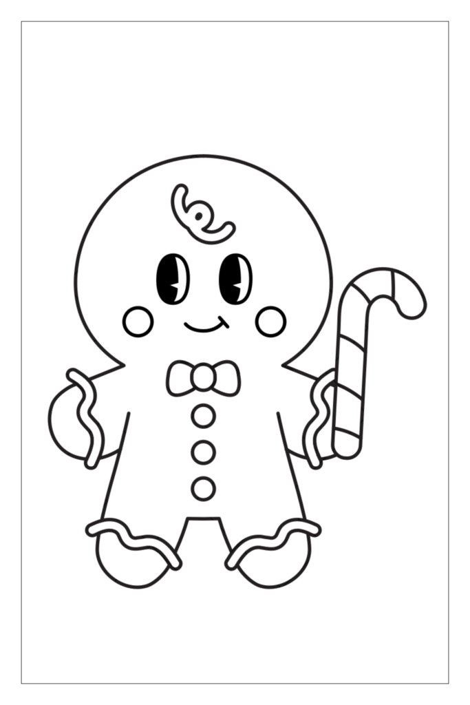 Gingerbread man holding candy cane coloring page