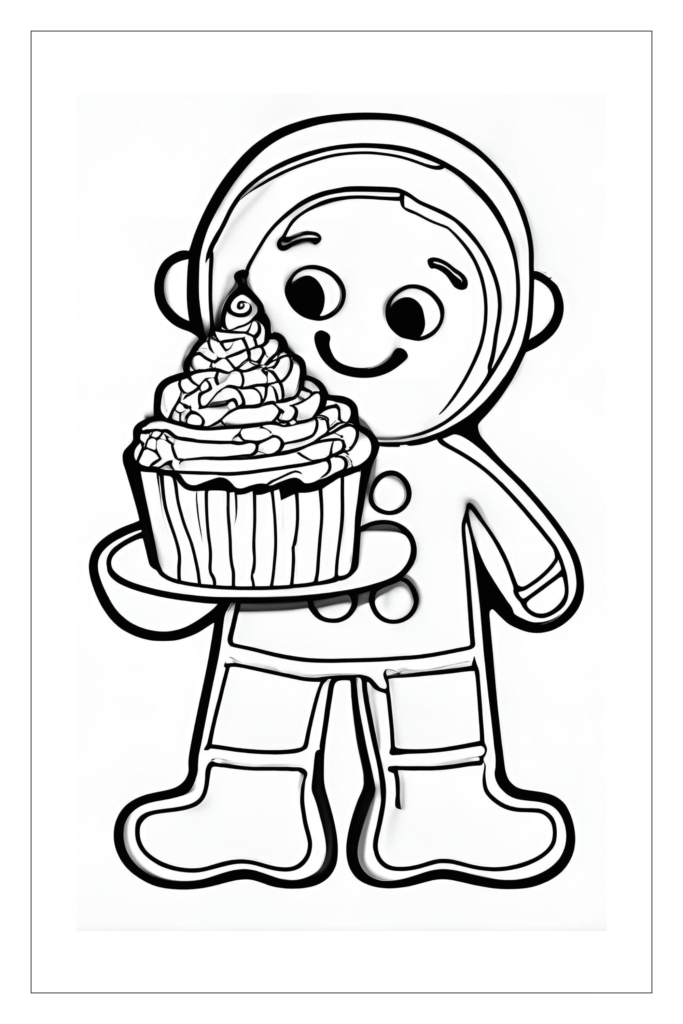 Gingerbread man with cupcake coloring page