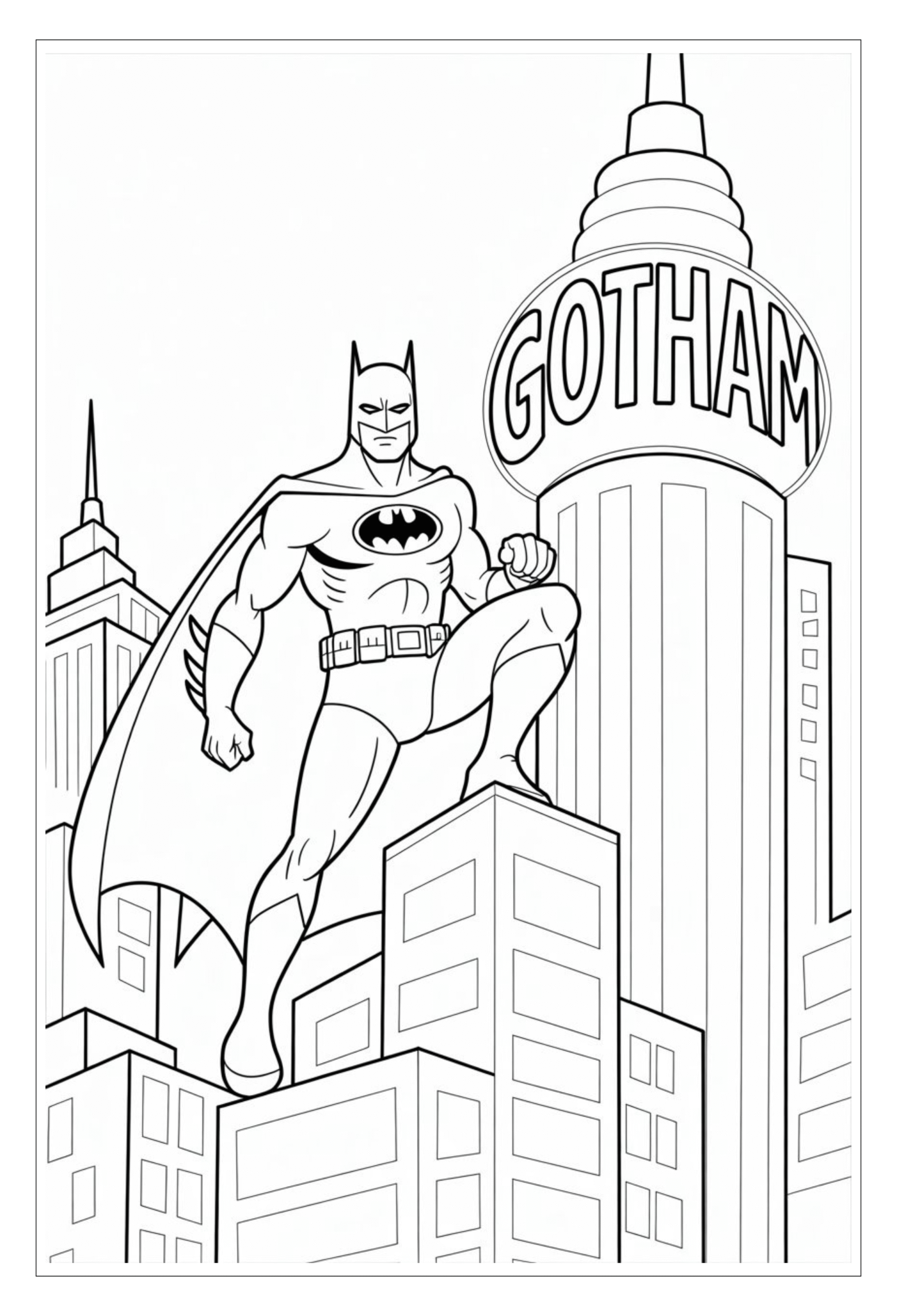 Batman in Gotham City skyline coloring page